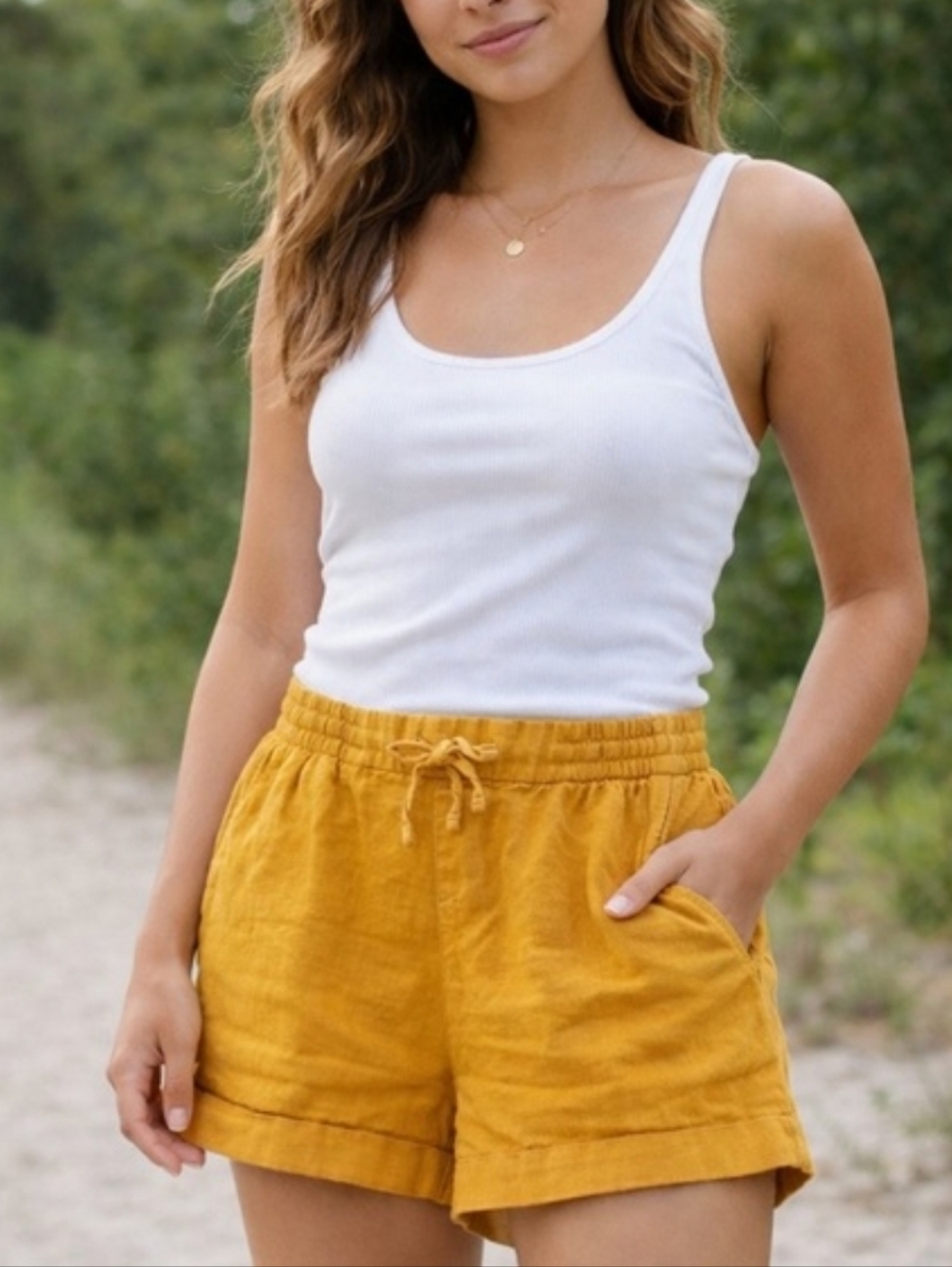 Old Navy Mustard Yellow High-Waist Tie-Waist Linen Blend Shorts XL